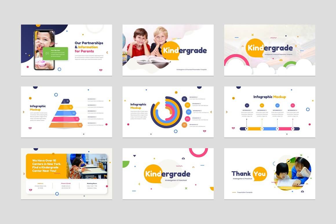 Kindergarten template slides in Powerpoint "Our Partnerships & Information", "Infographic Mockup", "Thank You" in three rows on a gray background.