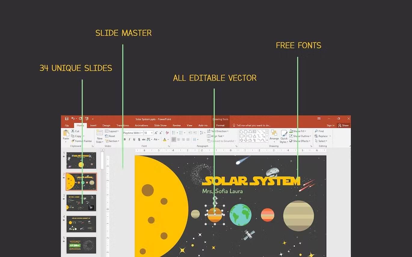 34 unique slides of solar system.