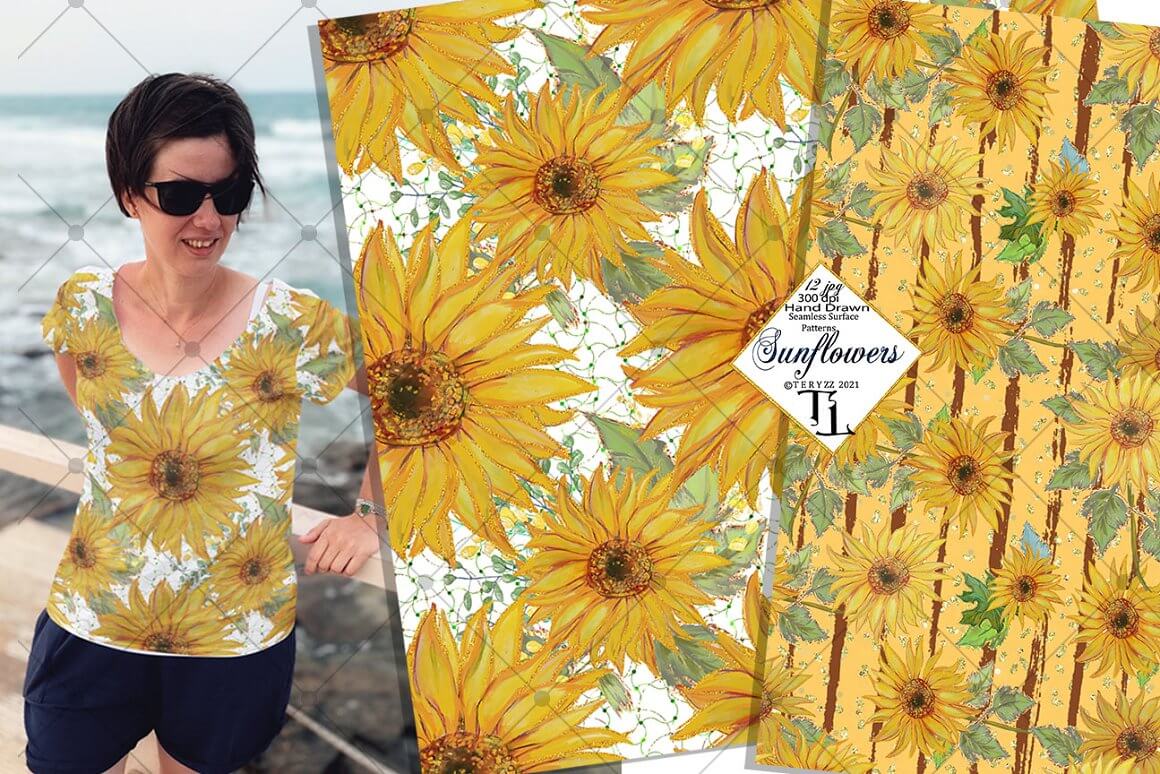 Women's T-shirt with a seamless pattern with sunflowers.