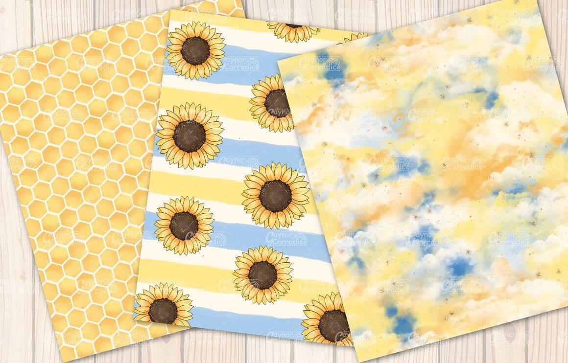 Yellow prints with sunflowers and honeycombs.