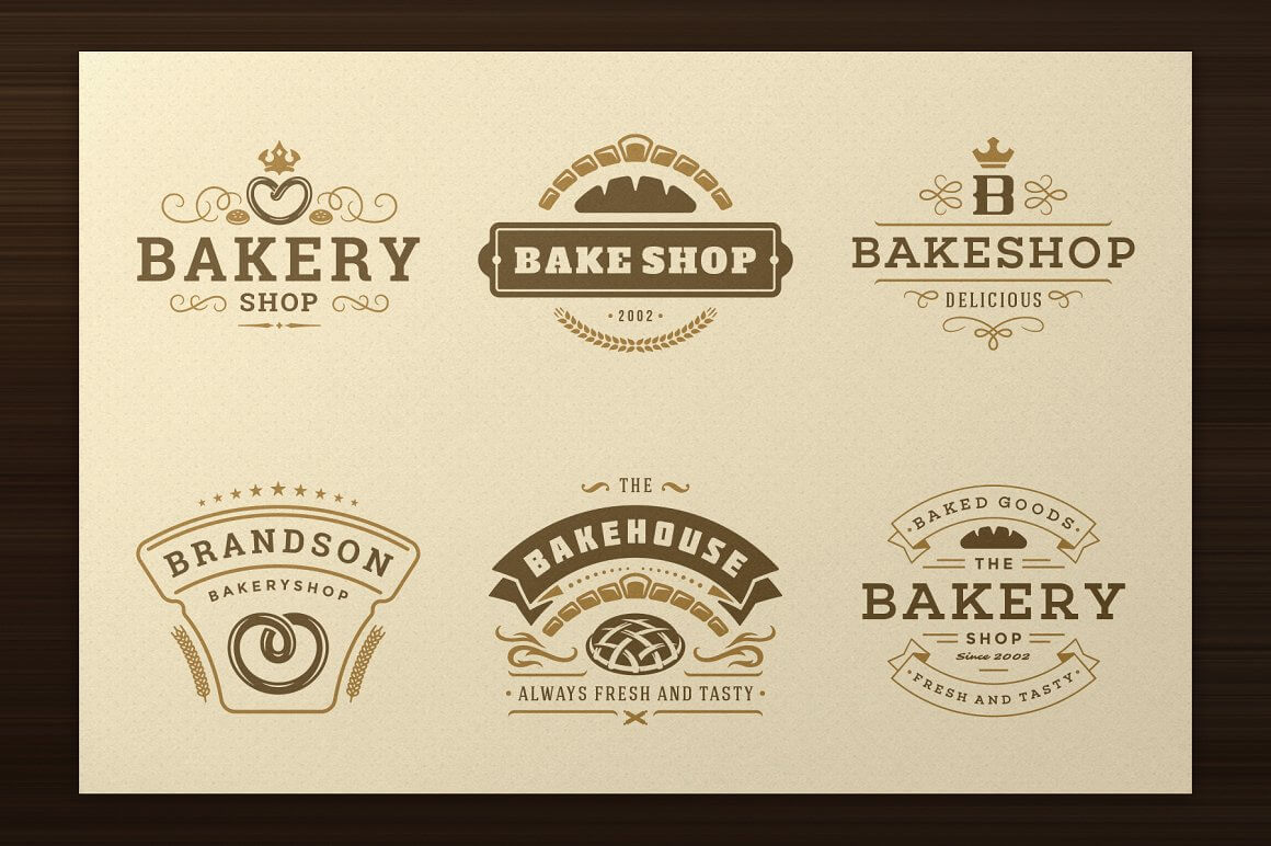 Six Bakery shop brand logos on a yellow sheet.