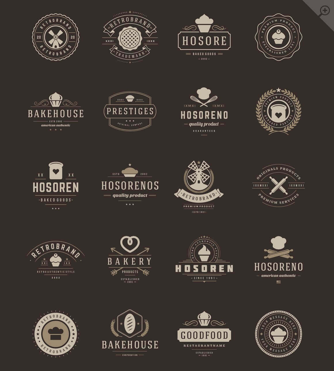 20 gray vintage bakery logos on black background.