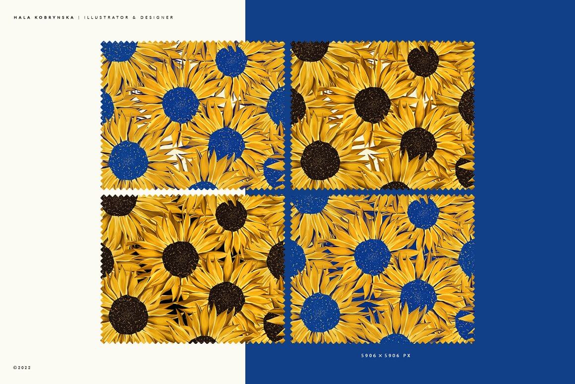 Four designs with huge sunflowers on white and blue backgrounds.