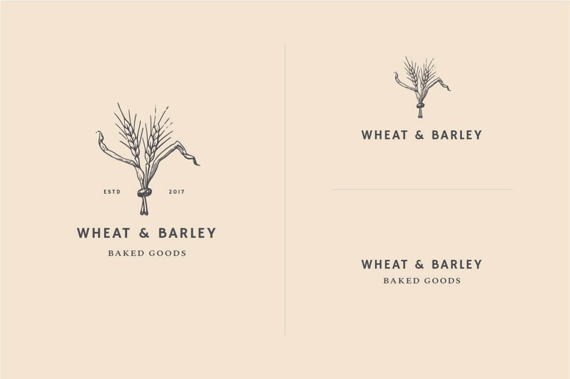 Three examples of hand-drawn vintage "Wheat & Barley, Baked Goods" bakery logos on a light yellow background with two spikelets.