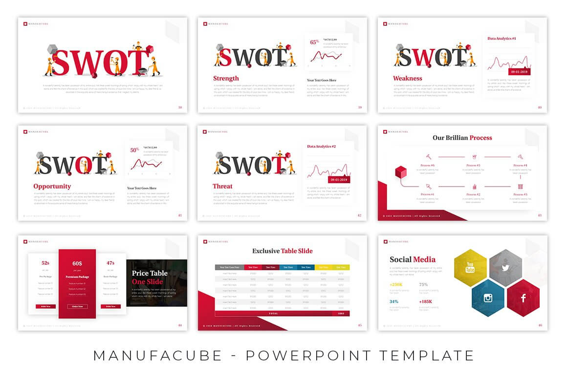 Powerpoint construction presentation slides with lots of photos, "SWOT" headings, pictograms and other pictures.