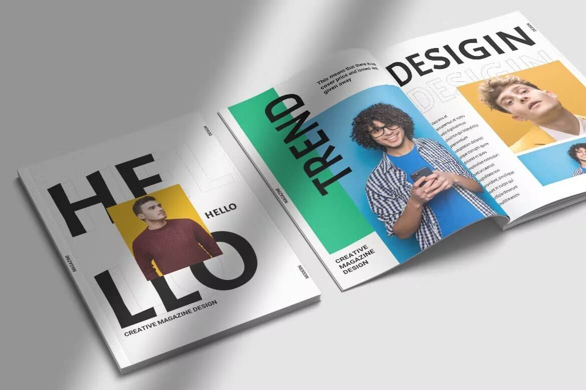Creative magazine design with words "Hello and Trend".