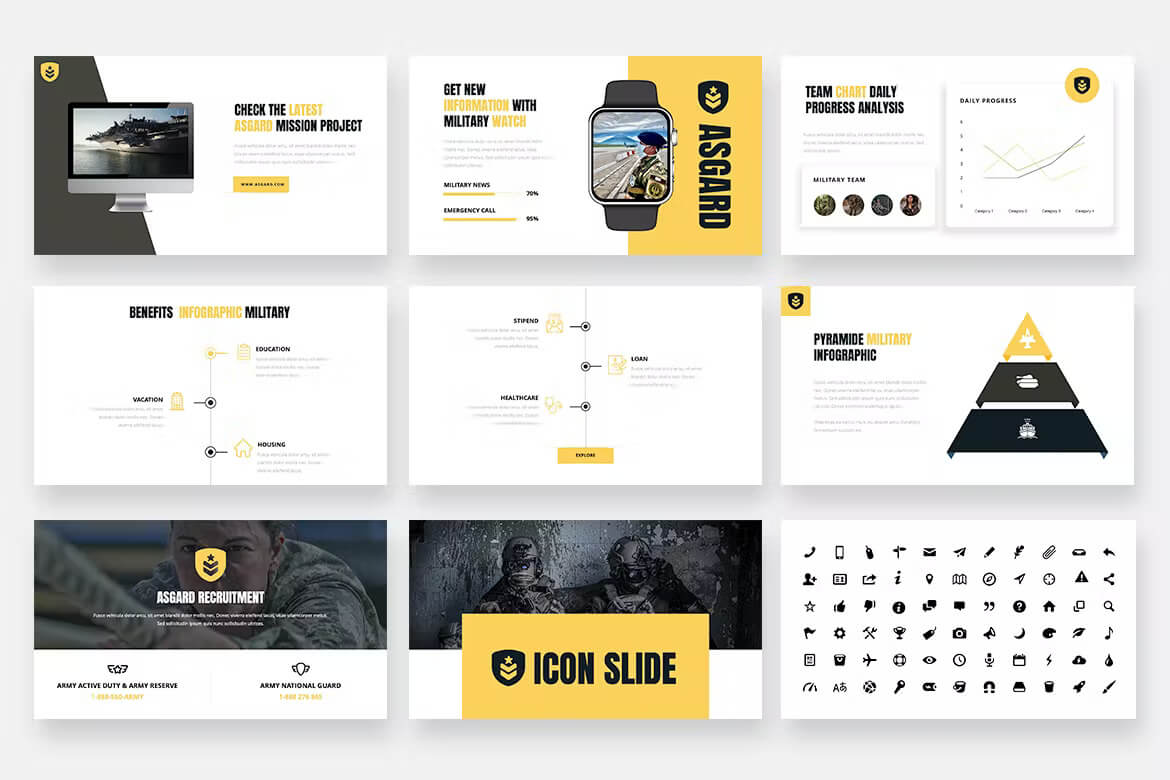 Four Asgard PowerPoint templates in white-black-yellow "Check the Latest Asgard Mission Project", "Get new information with military watch".
