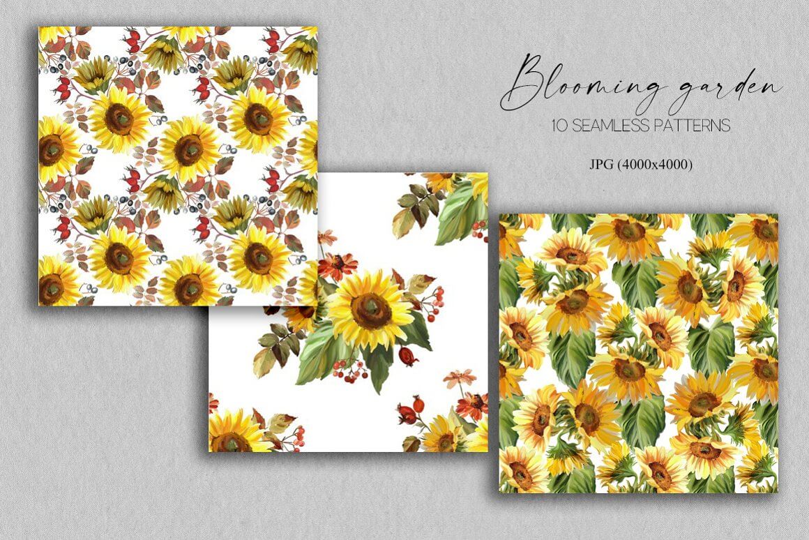 Three squares with seamless patterns blooming sunflowers.
