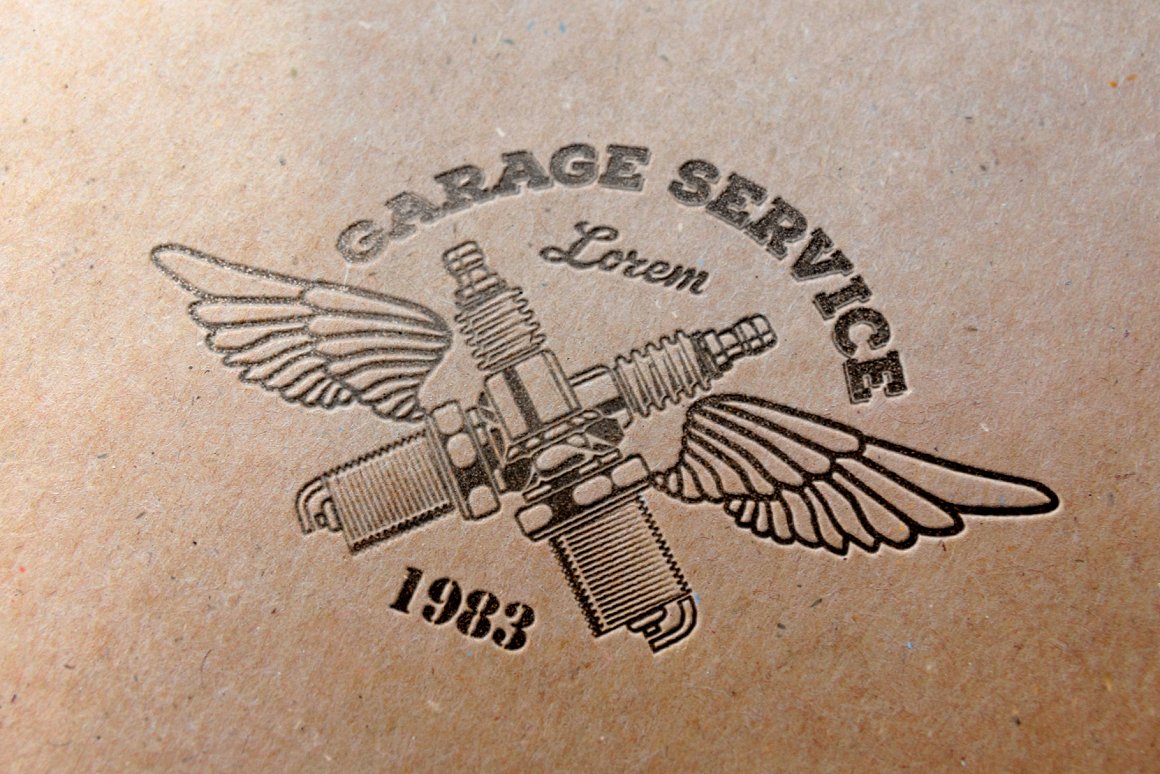Brown "Garage Service, Lorem, 1983" logo.