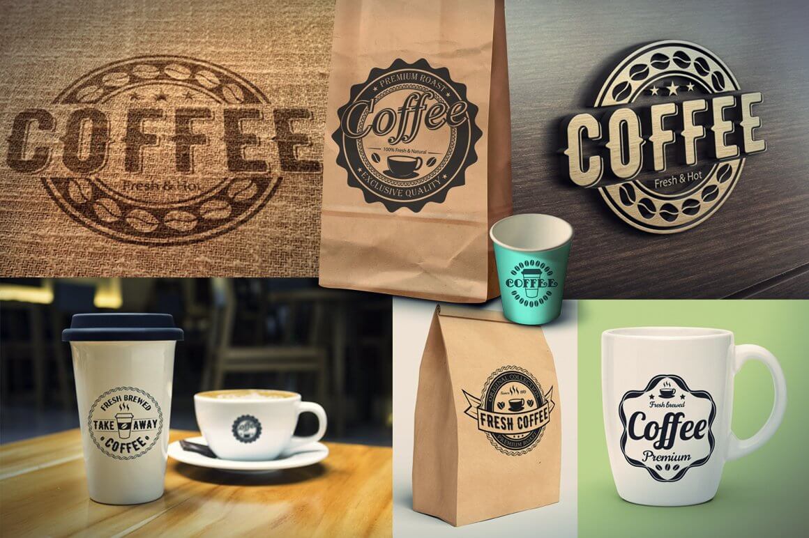 Many cafe and bakery logos on merchandise cups, cardboard bags.