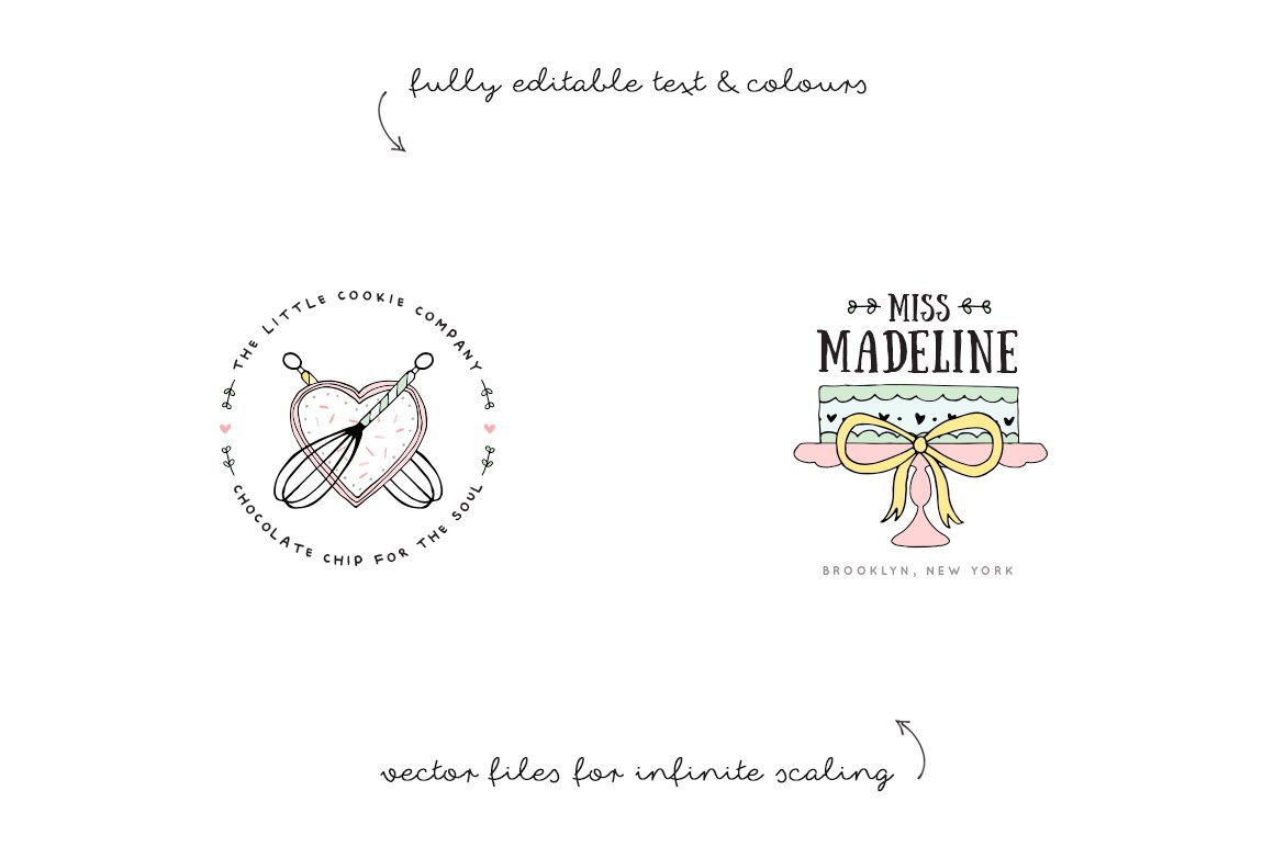 Two different bakery logos on a white background, the first is "The little cookie company", the second is "Miss Madeline, Brooklyn, New York".