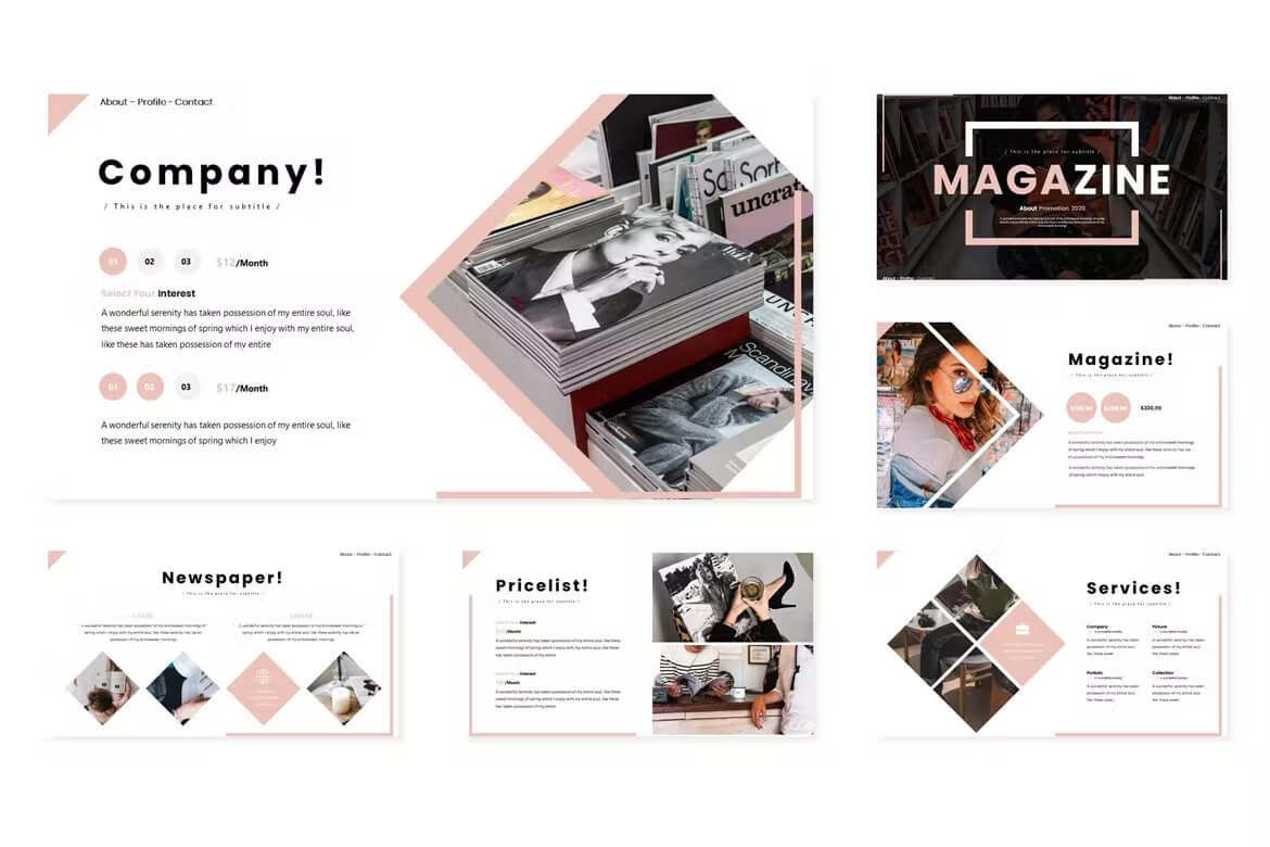 Six slides of Powerpoint magazine templates "Company", "Magazine", "Newspaper", "Pricelist".