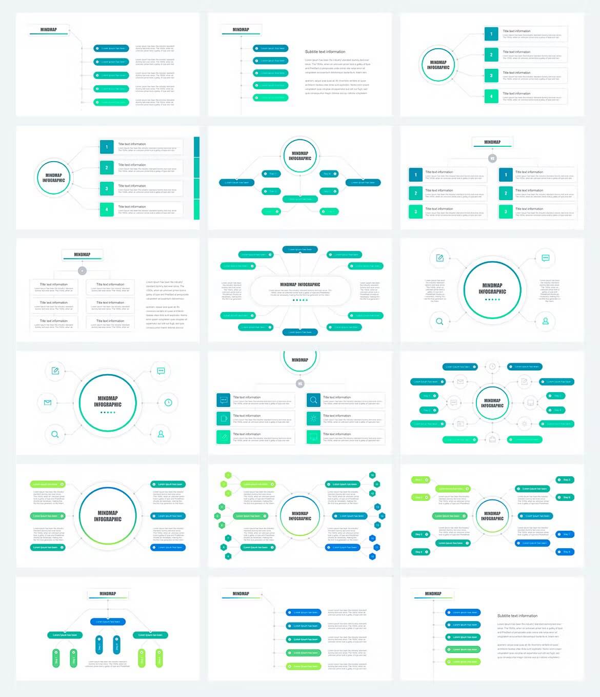 Slides in cool shades of Mindmap infographics.