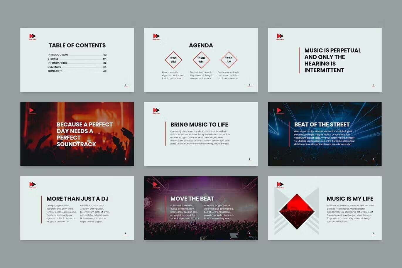 Table of contents of Music Party Powerpoint Presentation Template.