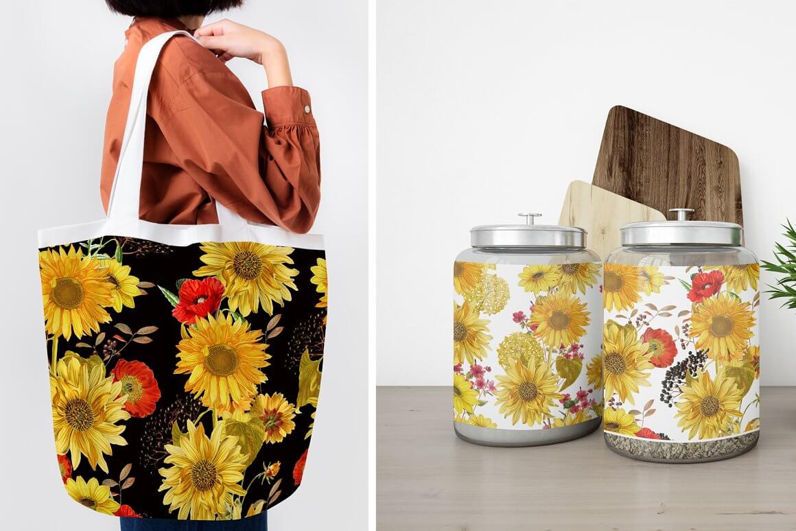 Black women's bag with large yellow flowers with red poppies.