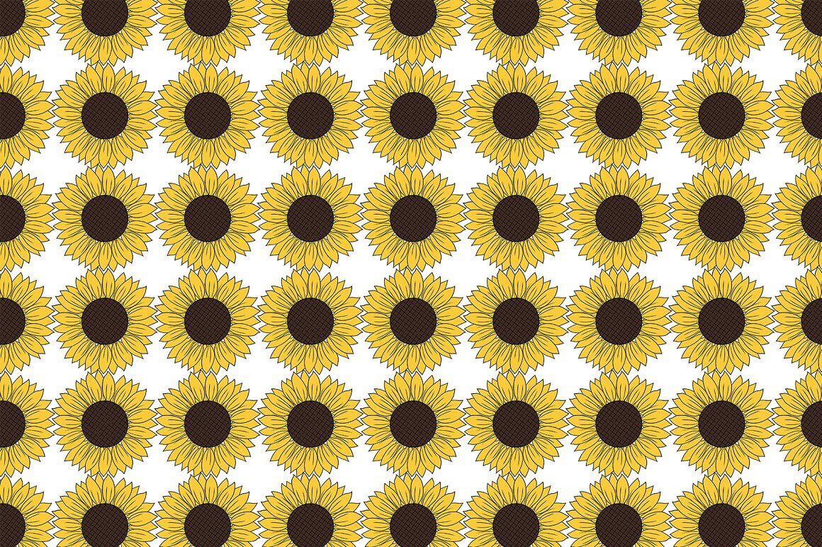 Seamless pattern with yellow and black sunflowers on a white background.