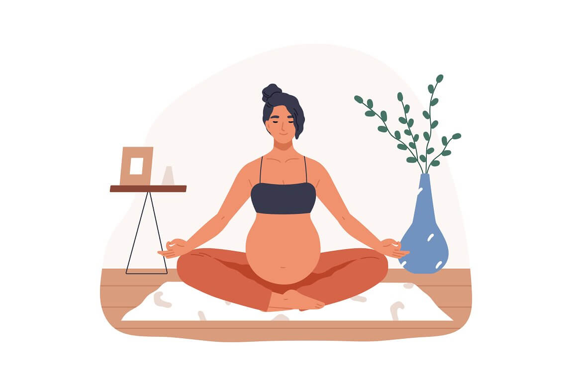 Image of a pregnant woman relaxing while practicing yoga.