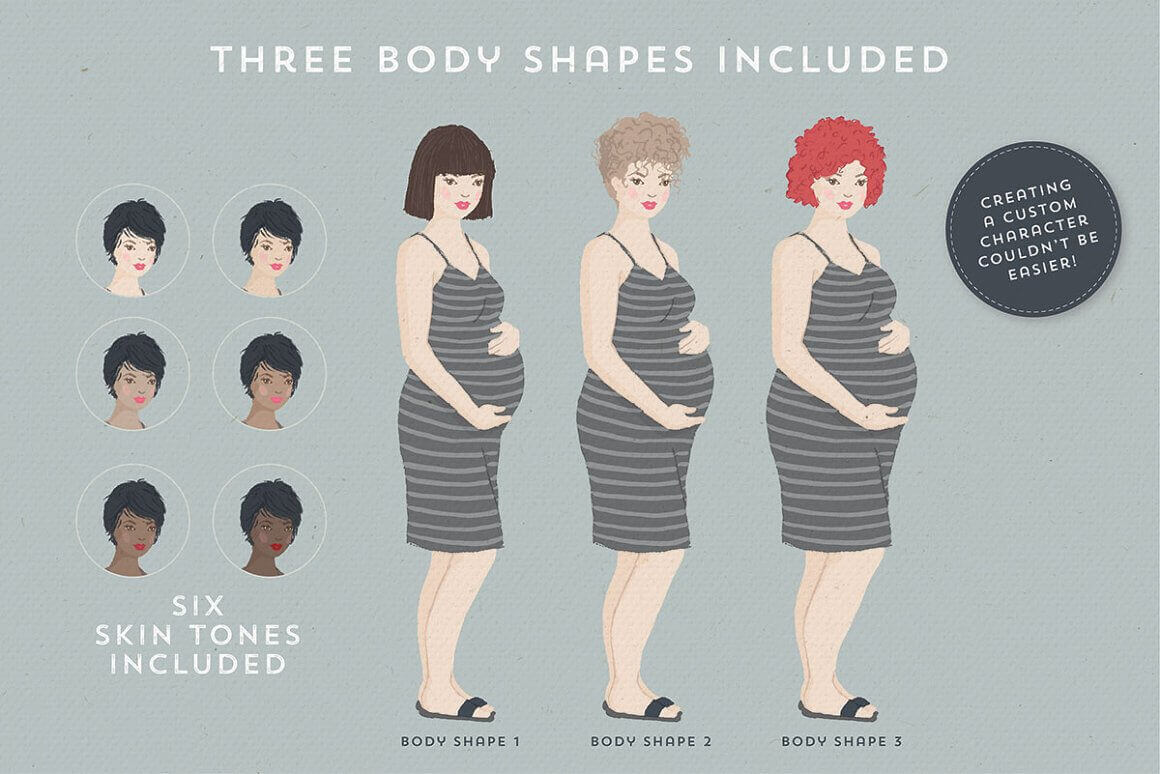 Three body shapes and six skin tones.