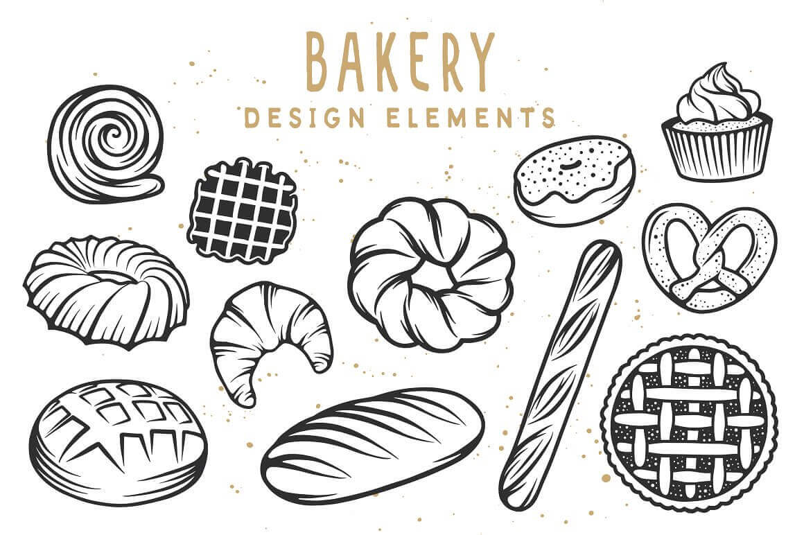 Twelve elements of the bakery on a white background with the title "Bakery Design Elements".