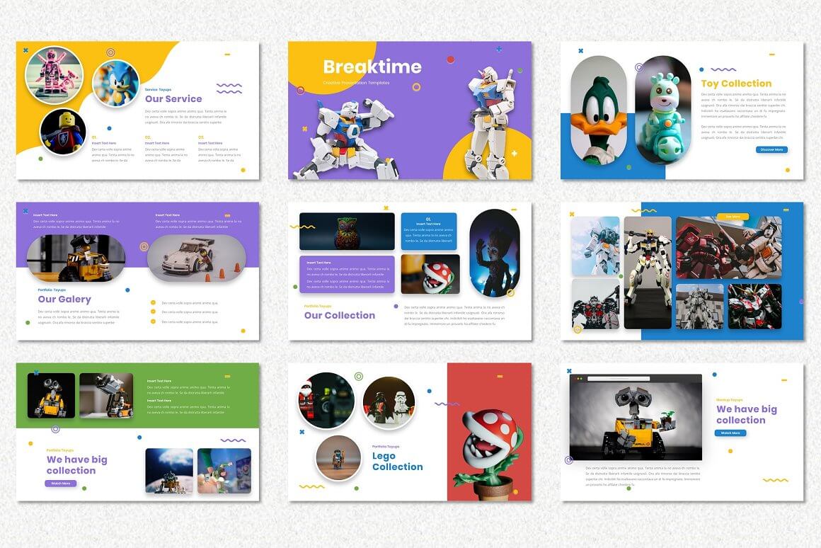 Nine cards with PowerPoint slides for children's toys Toyups "Our Service", "Breaktime", "Toy Collection", "Our Galery".