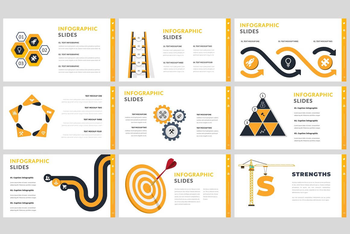 Nine "Infographic Slides" PowerPoint slides in black and yellow.