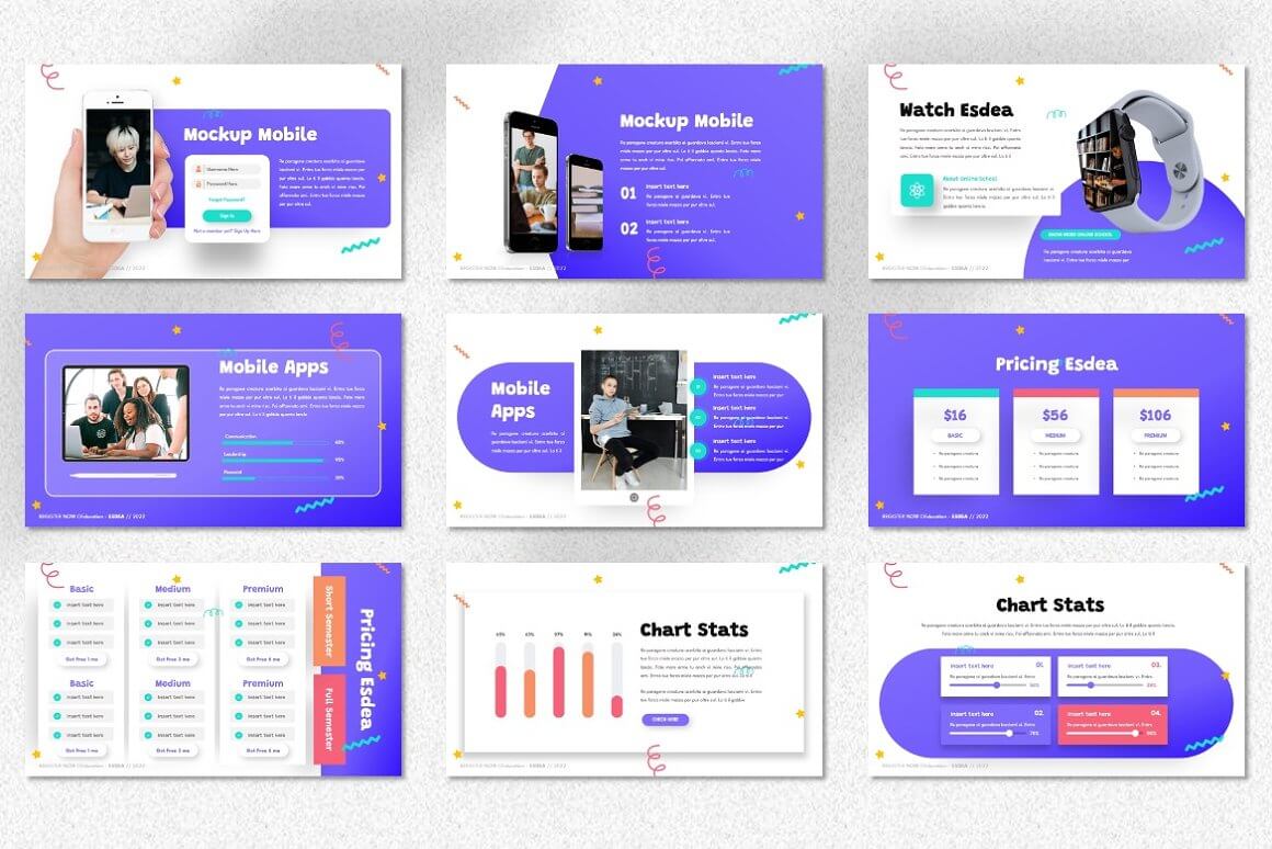 More slides of the educational program with different headings "Mockup Mobile", "Watch Esdea", "Mobile Apps" on a white and purple background.