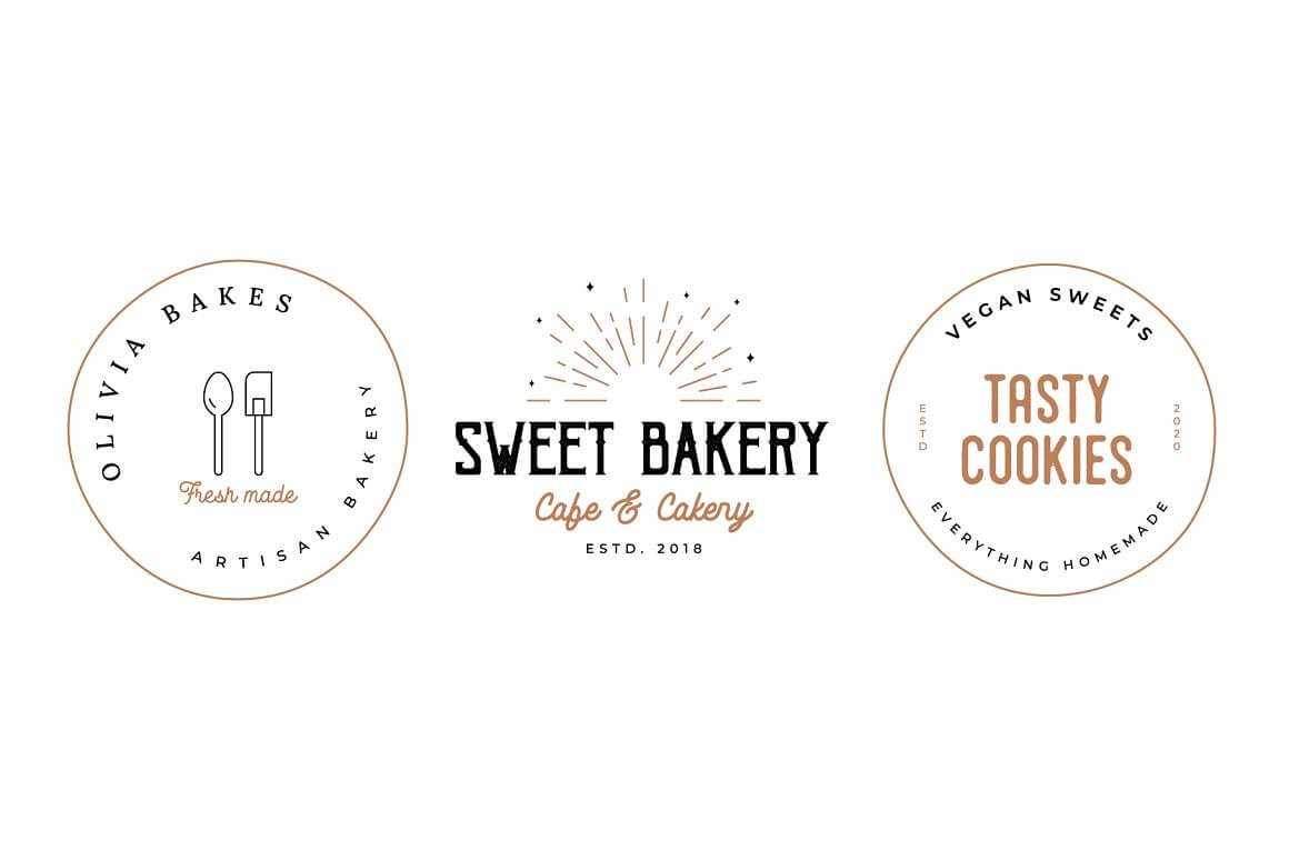 Three large different bakery logos: Olivia bakes, Sweet bakery, Tasty cookies.