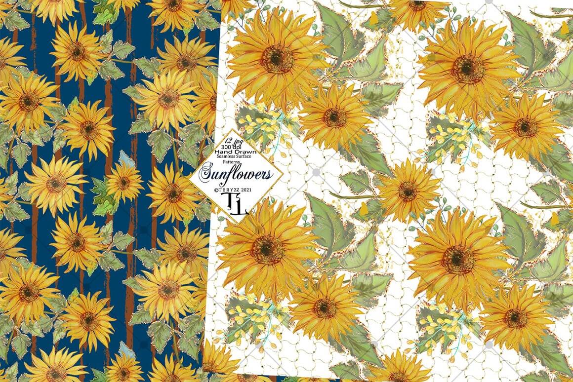 Two seamless patterns with sunflowers on blue and white backgrounds.