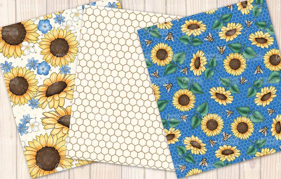 Prints with honeycombs decorated with sunflowers and bees.