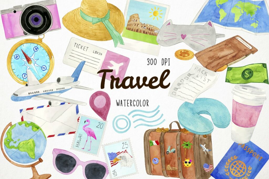 Watercolor Travel Clipart 300 DPI – MasterBundles