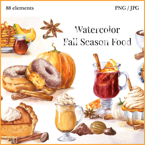 Preview watercolor fall season food set.
