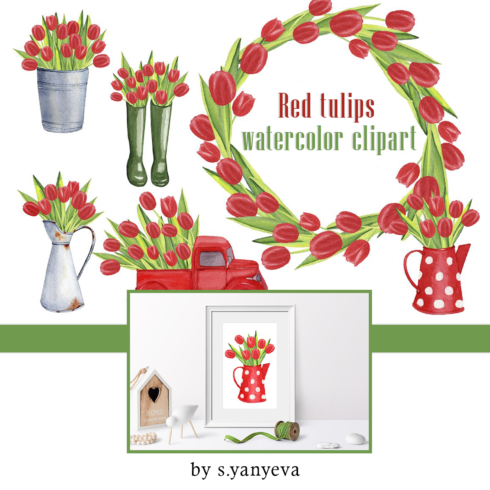 Red tulips watercolor clipart preview.