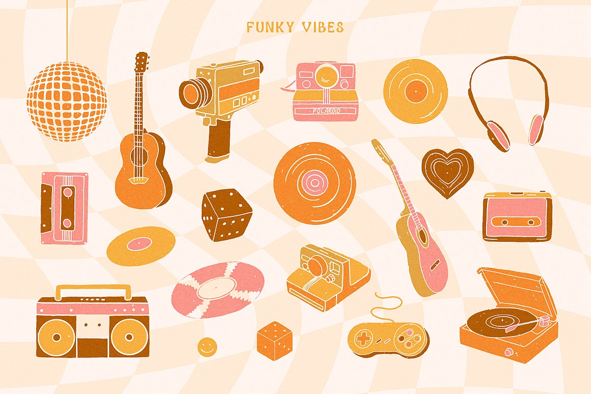 Various guitars and hats and more in retro style.