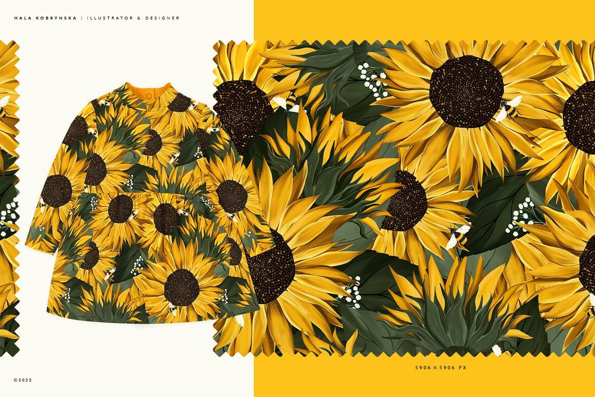 Girl's dress with large sunflowers with green leaves.en leaves.