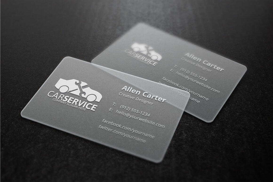 White car service logo on a transparent business card.