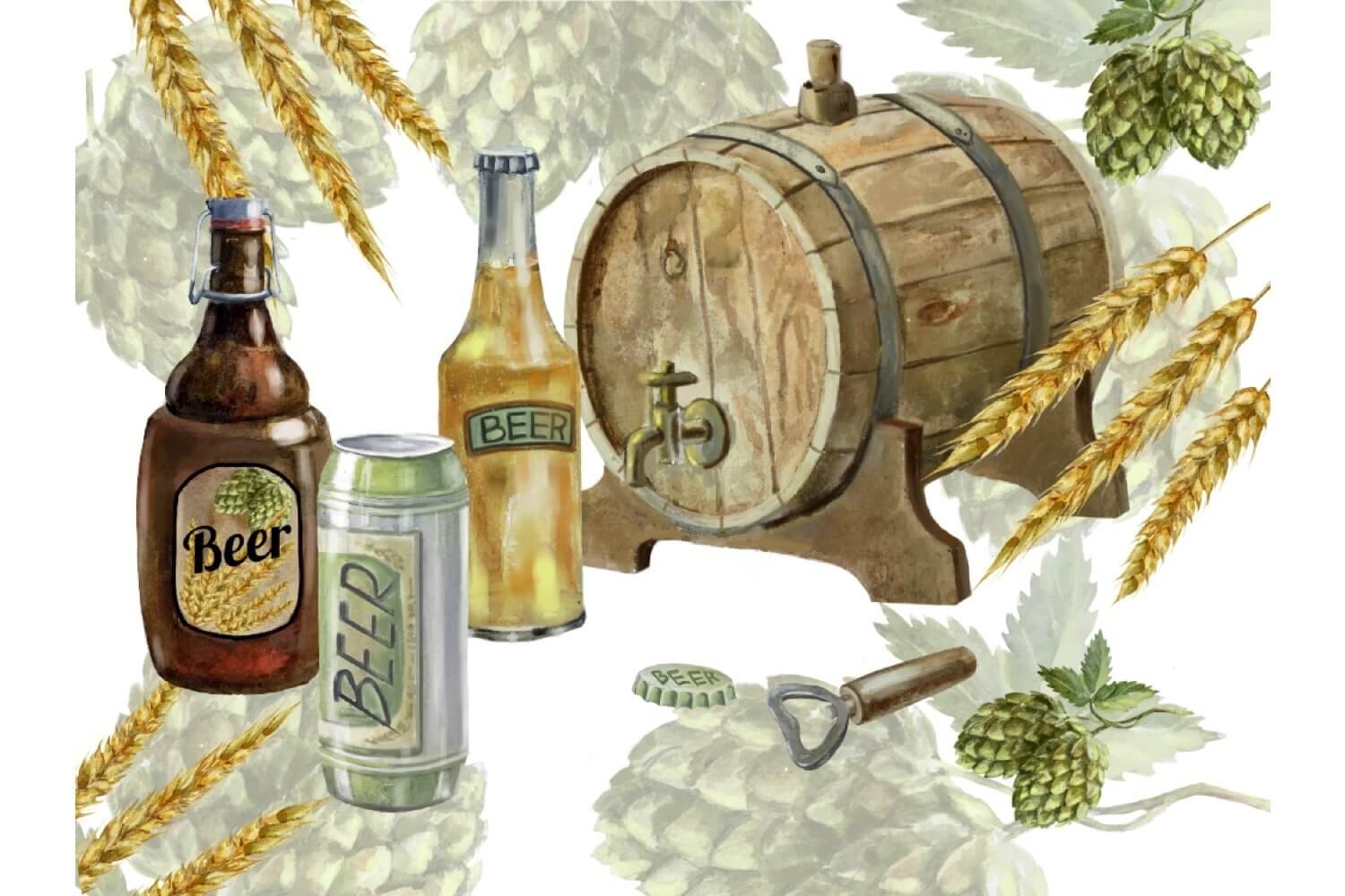 An image of a wooden barrel with beer, as well as bottles and glasses with this drink.