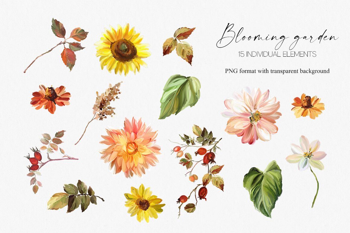 Inscription: Blooming garden 15 individual elements, PNG format with transparent background.