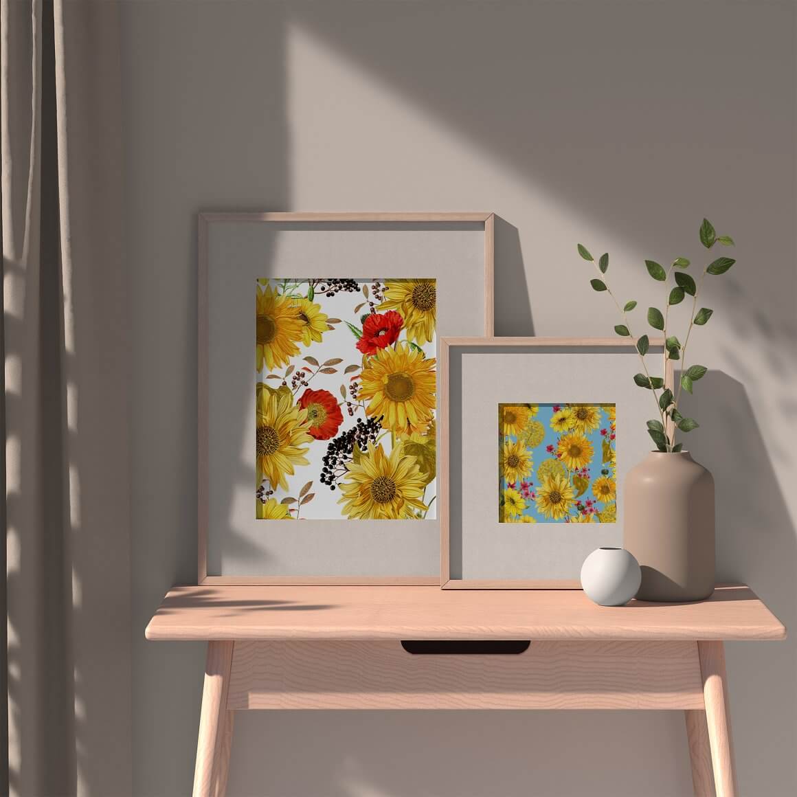 Two paintings with a white and blue background depicting sunflowers.