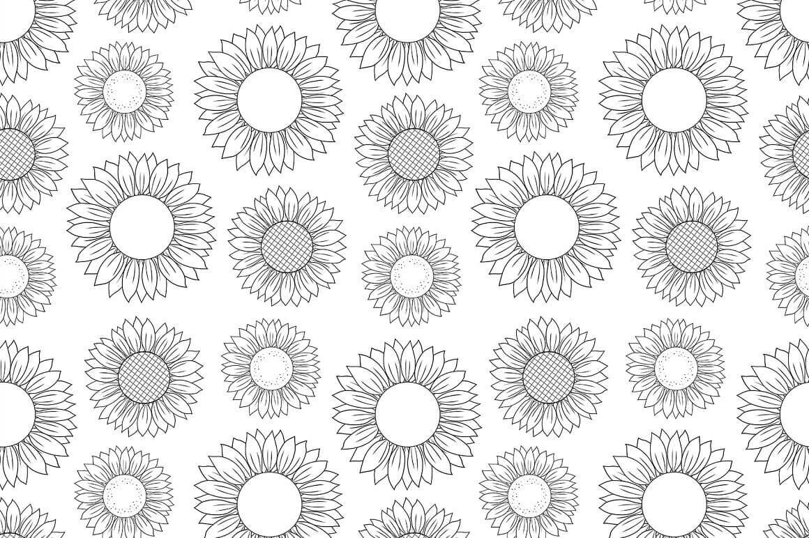 Seamless pattern with sunflowers of different sizes in dark blue on a white background.