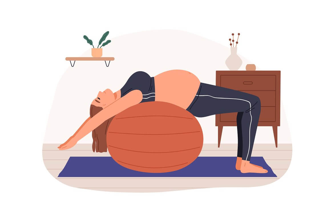 Image of a pregnant woman practicing yoga on a fitball.