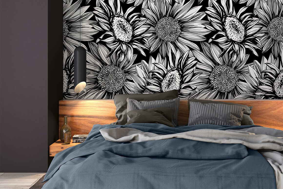 Silver sunflowers are depicted on the bedroom wall.