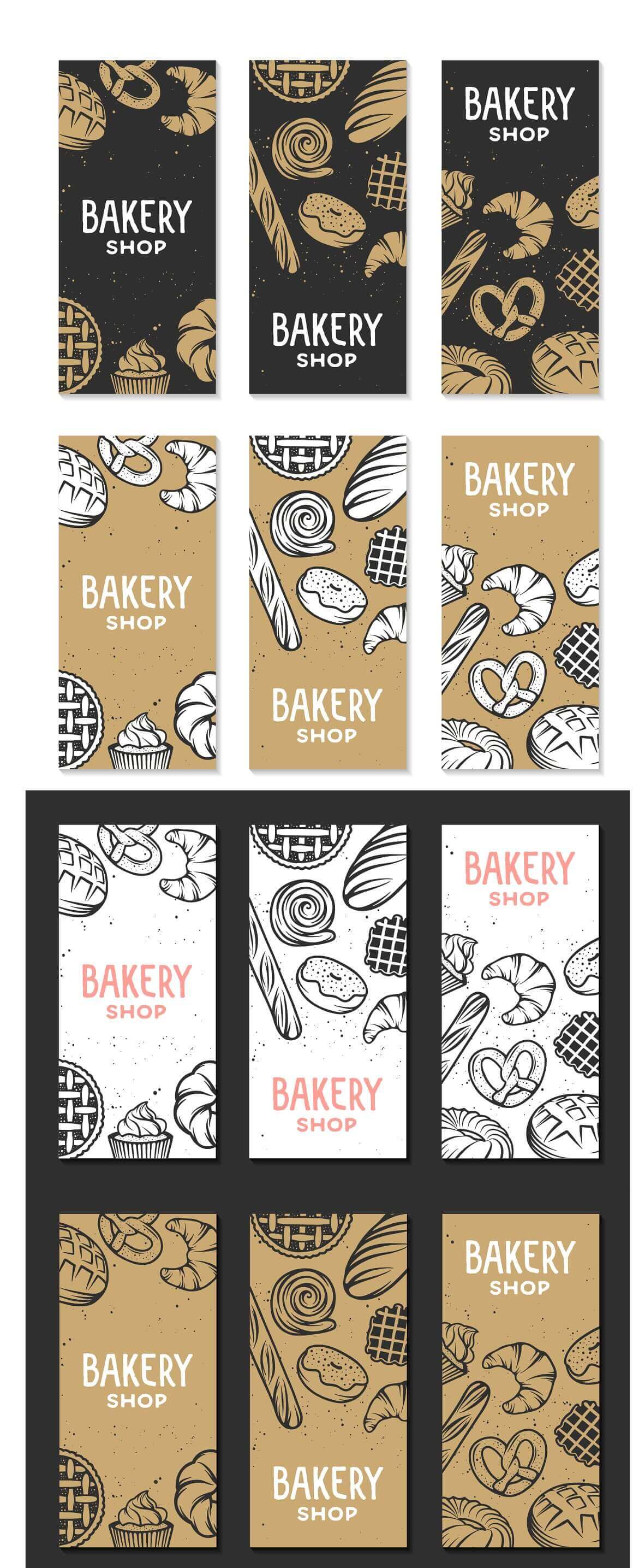 Six cards with a bakery logo on a white background and six on a gray background.