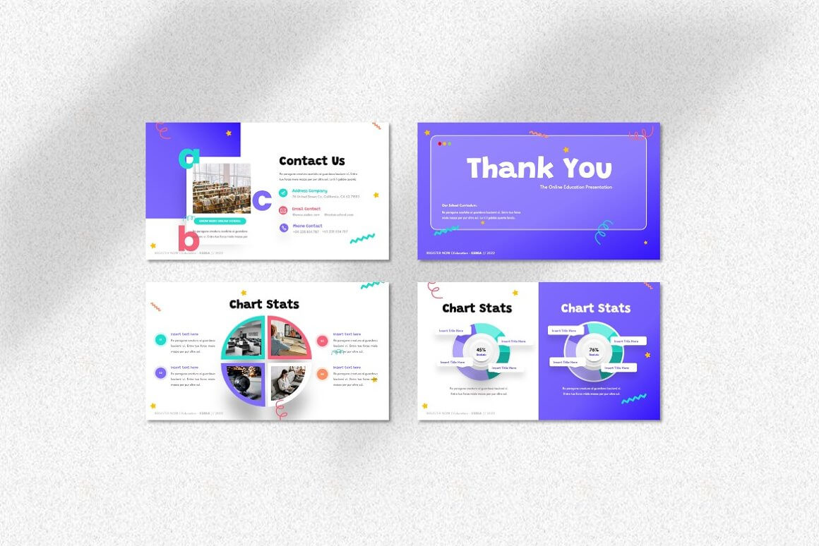Four slides of the educational program with the headings "Contact Us", "Thank You", "Chart Stats" on a white and purple background.
