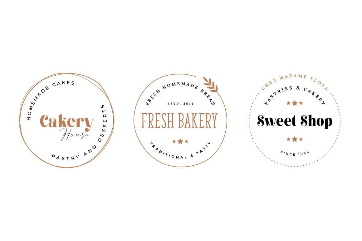 Three big different bakery logos: Cakery, Fresh bakery, Sweet shop.