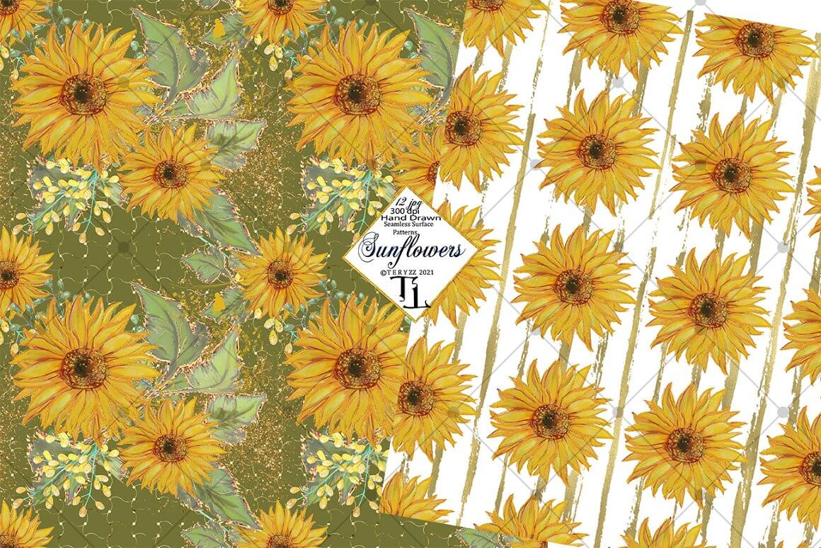 Two seamless patterns with sunflowers on green and white backgrounds.