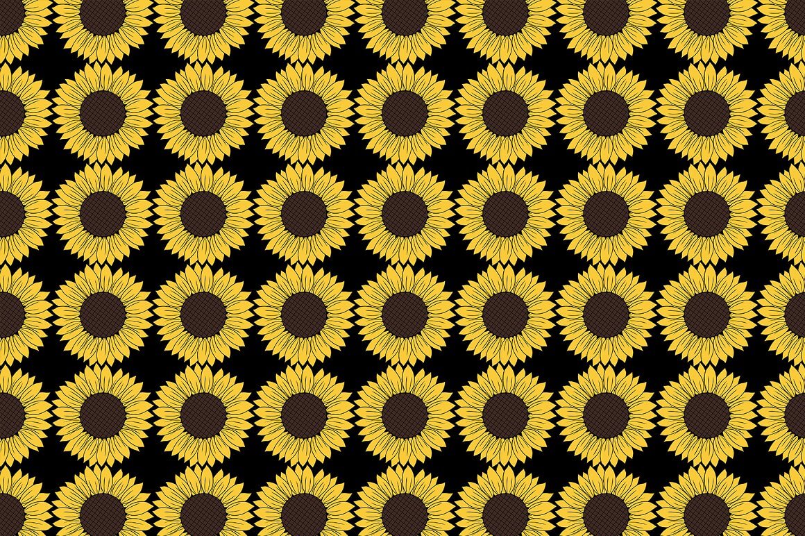 Sunflowers are leaning tightly on top of each other on a black background.