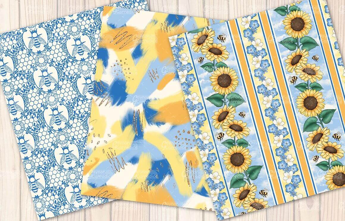Summer prints with large bees, sunflowers and small flowers.