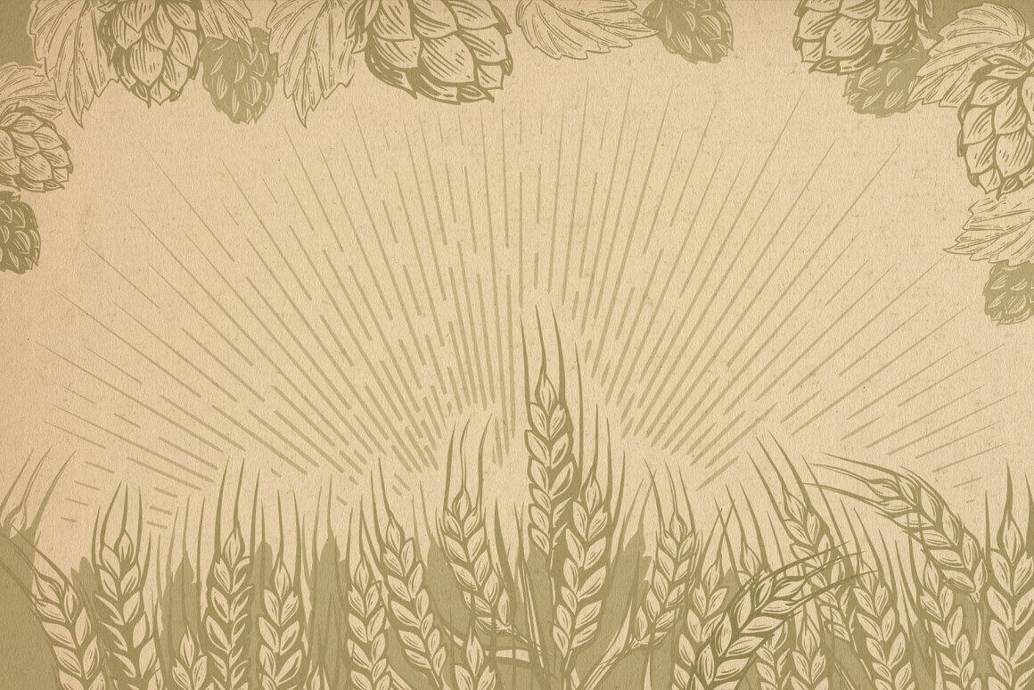 Wheat and hops are drawn on a beige background.