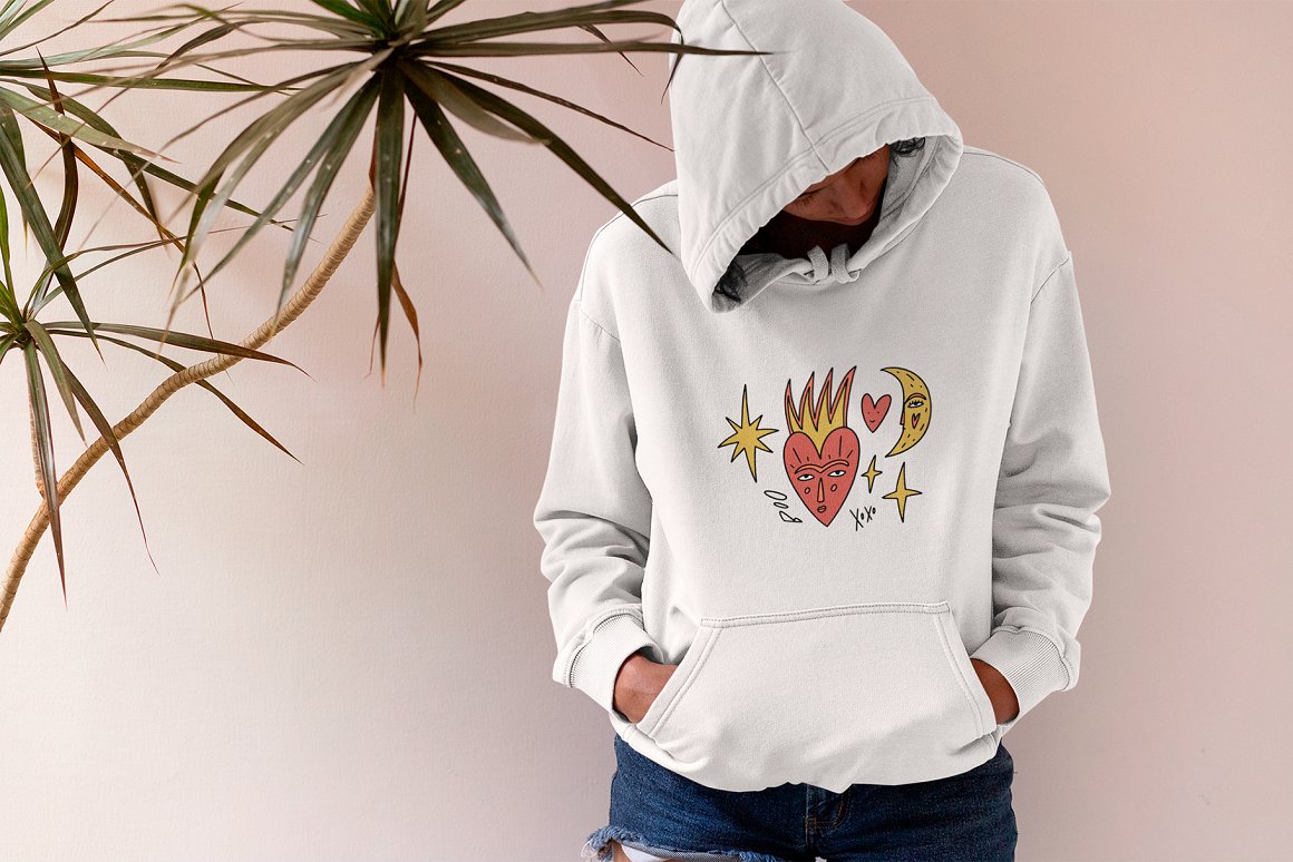 White hoodie with a print.