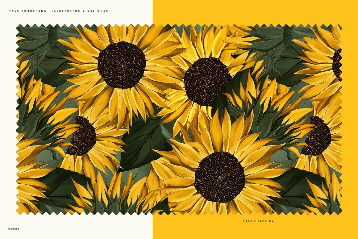 A beautiful print with yellow sunflowers and dark green leaves.
